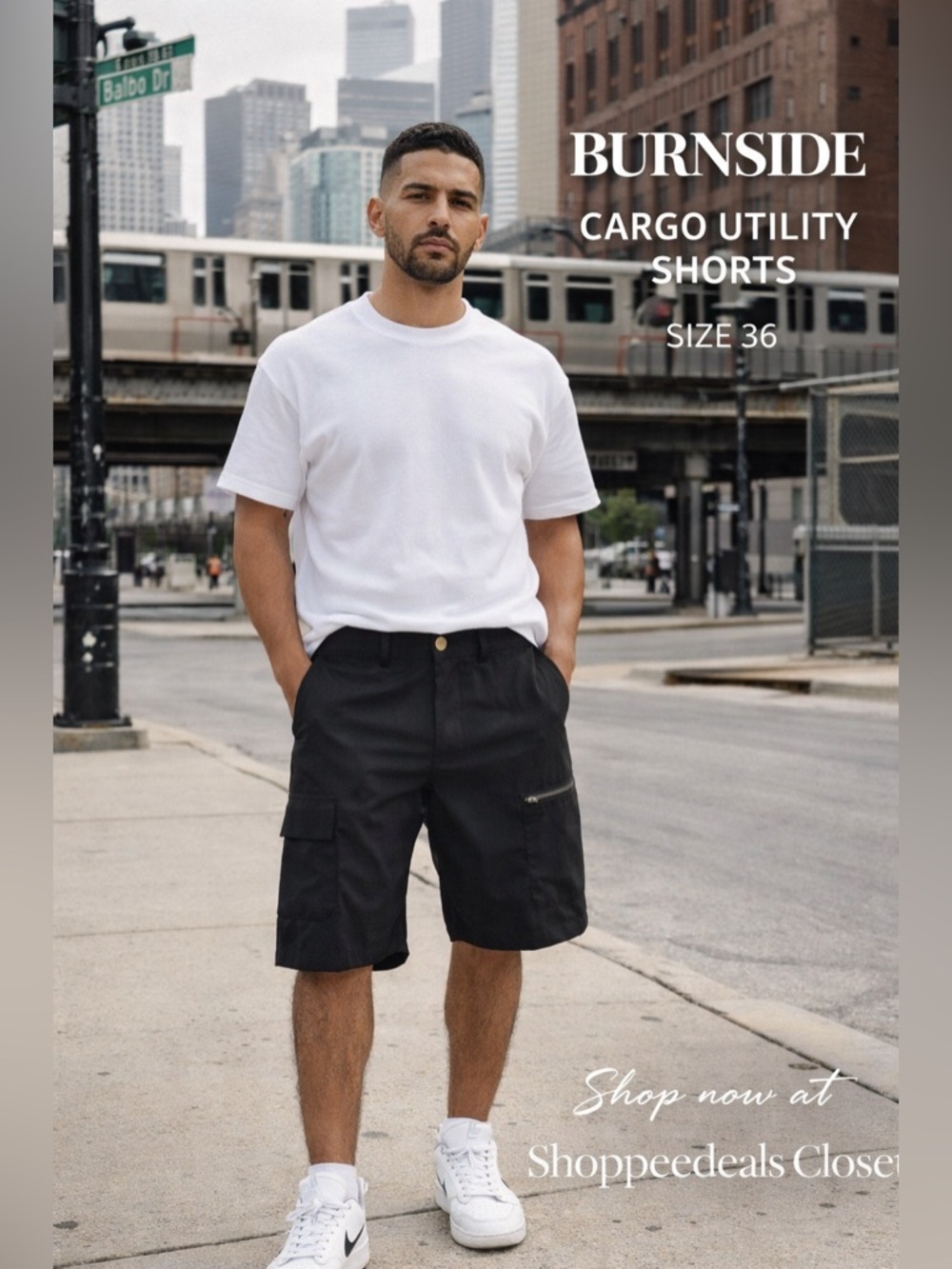Burnside Black Cargo Shorts Men’s Size 36 Utility Zip Pocket